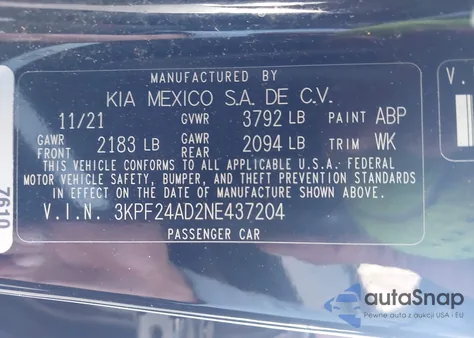 2022 Kia Forte Lxs из США, поврежденный, VIN 3KPF24AD2NE437204